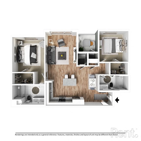 Floor plan for 2 beds, 2 baths, 1060 sqft